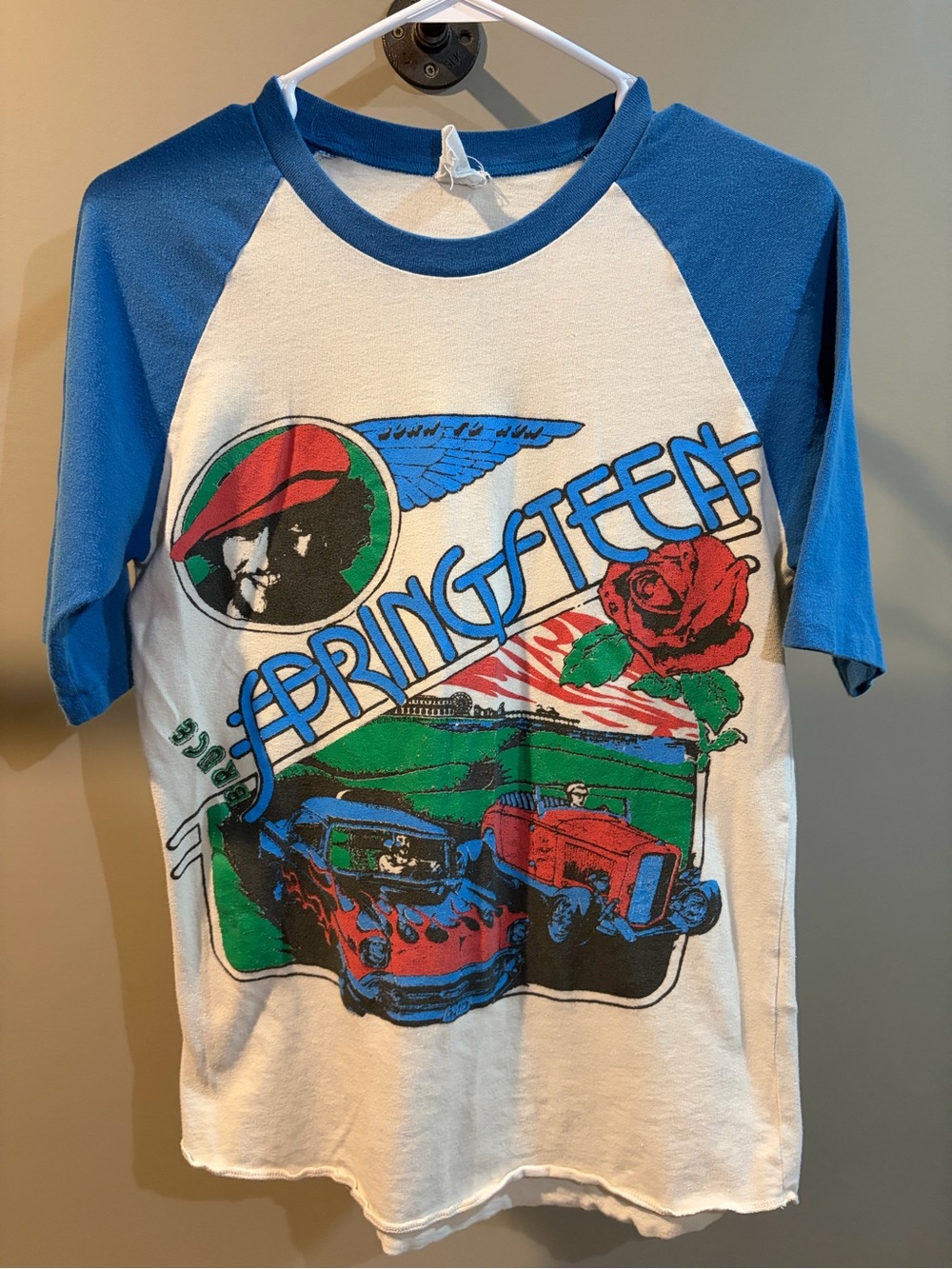 Vintage Springsteen Raglan Tee with Vintage Car and Rose Print